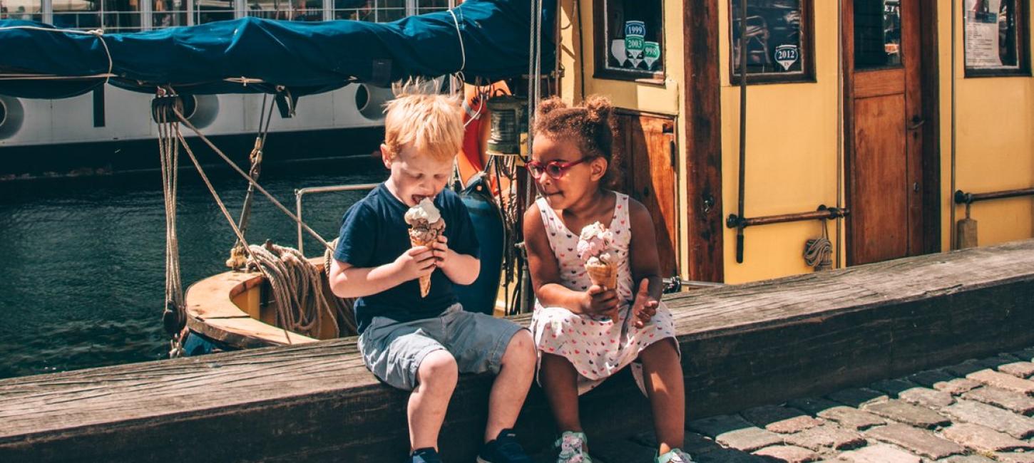 Kids eating ice cream in Copenhagen's iconic Nyhavn